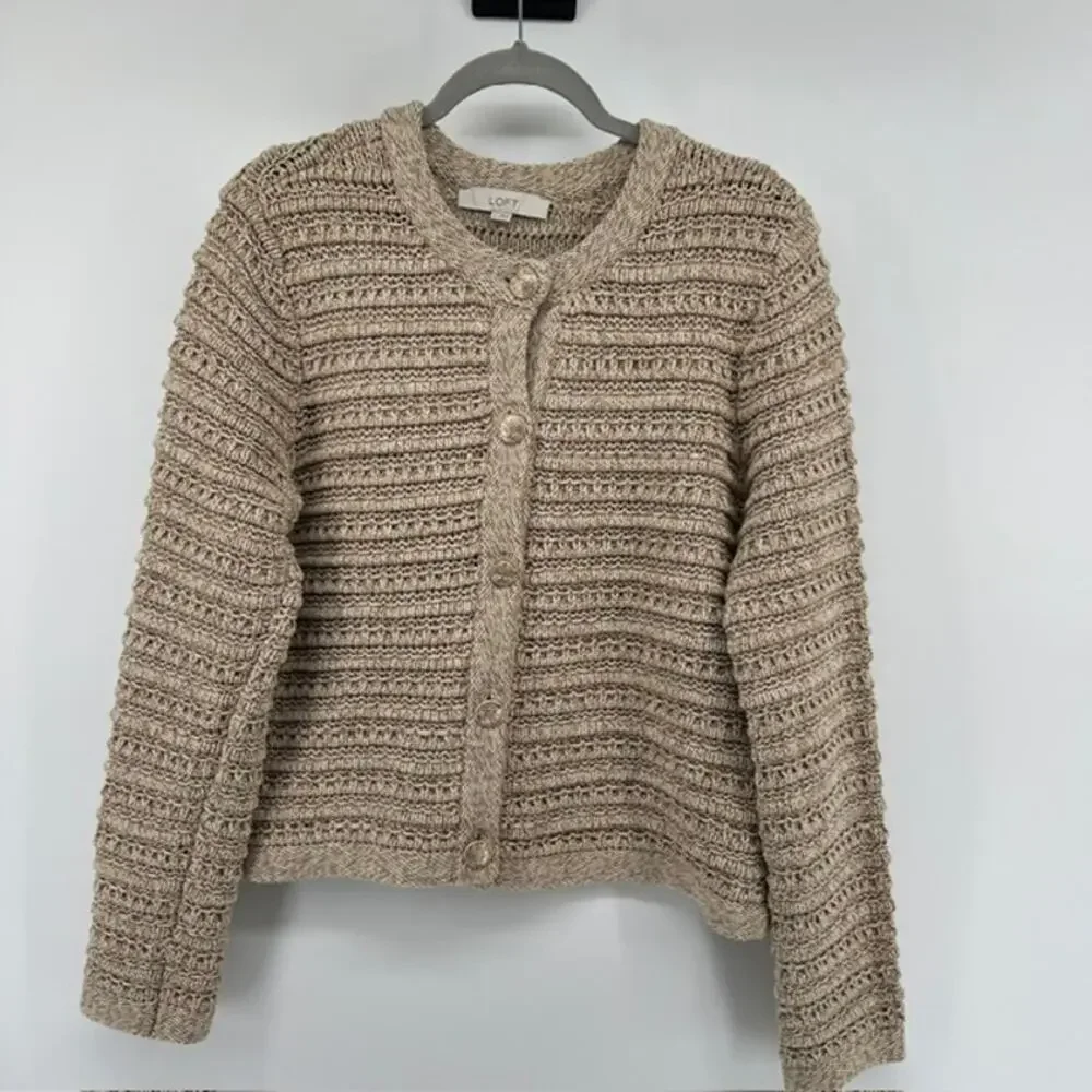 LOFT Chunky Knit Cardigan Sweater Womens L Oatmeal Beige Gold Buttons Cottage